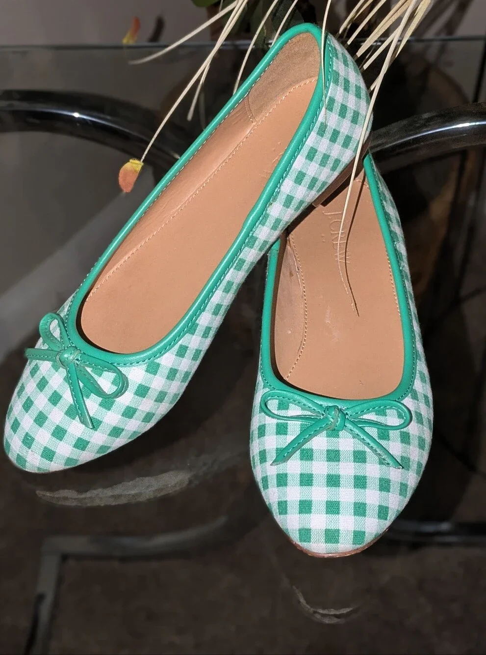 🔥FINAL🔥J. Crew Green Gingham Ballet Flats - Picture 1 of 6